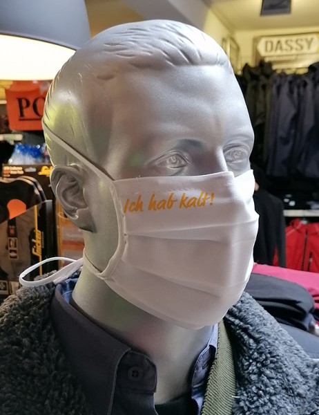 Behelfsmaske "Ich hab kalt" Farbe weiß mit Bindeband