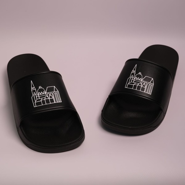 Badelatschen schwarz mit Öcher Dom Strichzeichnung