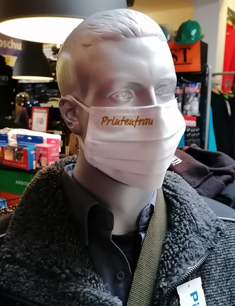 Weiße Behelfsmaske mit Stick "Printenfrau" | mit Gummiband & Nasensteg | BW