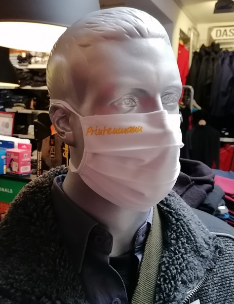 Behelfsmaske "Printenmann" Farbe weiß mit Bindeband