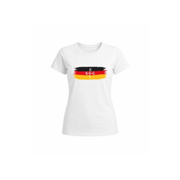 Öcher Karlssignum – weißes Damen T-Shirt in Deutschlandfarben